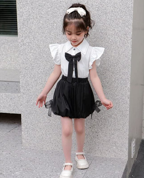 Girl's Ruffle Top Shirt with Bow and Balloon Shorts Summer Clothing Set for Infants & Toddlers