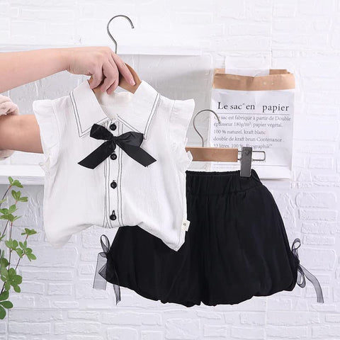 Girl's Ruffle Top Shirt with Bow and Balloon Shorts Summer Clothing Set for Infants & Toddlers