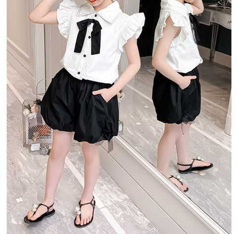 Girl's Ruffle Top Shirt with Bow and Balloon Shorts Summer Clothing Set for Infants & Toddlers