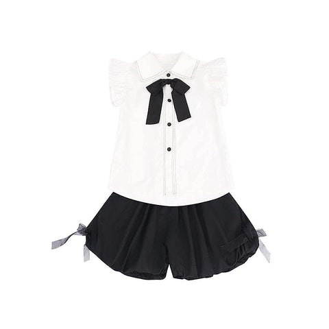 Girl's Ruffle Top Shirt with Bow and Balloon Shorts Summer Clothing Set for Infants & Toddlers