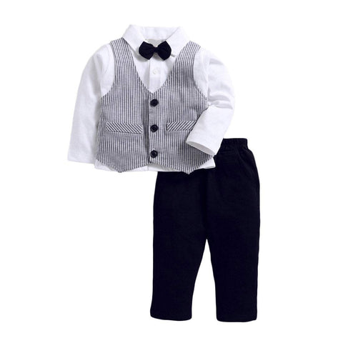Little Gentleman Stripe Printed Waistcoat Attached Full Sleeve Shirt with Bowtie and Pant for Infant Toddler Boys