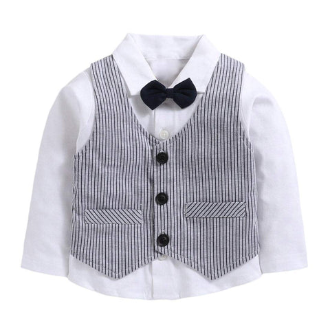 Little Gentleman Stripe Printed Waistcoat Attached Full Sleeve Shirt with Bowtie and Pant for Infant Toddler Boys