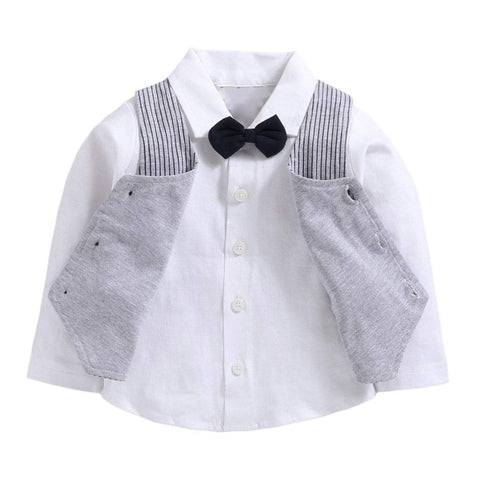 Little Gentleman Stripe Printed Waistcoat Attached Full Sleeve Shirt with Bowtie and Pant for Infant Toddler Boys