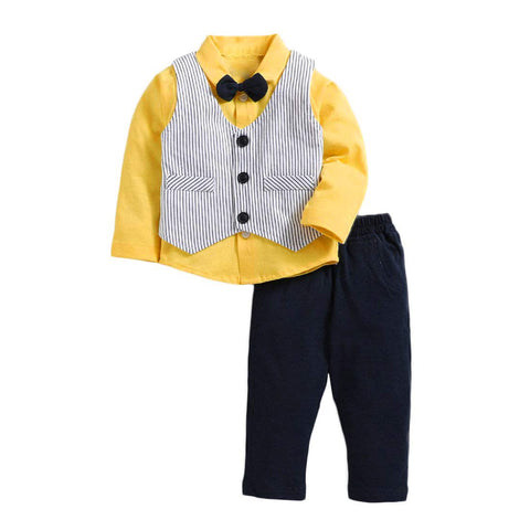 Little Gentleman Stripe Printed Waistcoat Attached Full Sleeve Shirt with Bowtie and Pant for Infant Toddler Boys