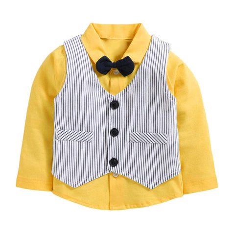Little Gentleman Stripe Printed Waistcoat Attached Full Sleeve Shirt with Bowtie and Pant for Infant Toddler Boys