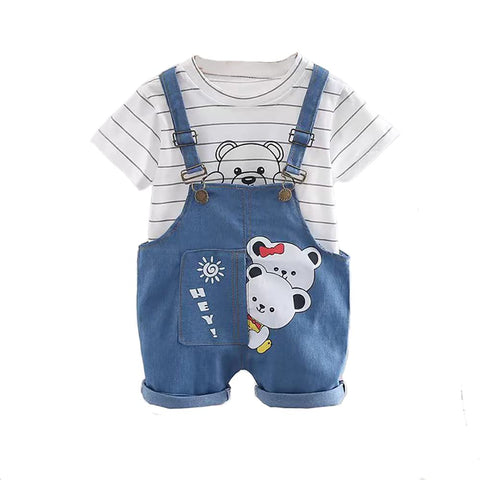 Kids Cute Bear Cartoon Print Half Sleeve T-Shirt with Dungaree Bibshorts for Baby Boy & Girl