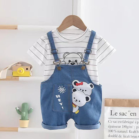 Kids Cute Bear Cartoon Print Half Sleeve T-Shirt with Dungaree Bibshorts for Baby Boy & Girl