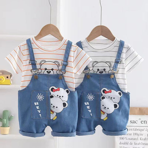 Kids Cute Bear Cartoon Print Half Sleeve T-Shirt with Dungaree Bibshorts for Baby Boy & Girl