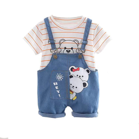 Kids Cute Bear Cartoon Print Half Sleeve T-Shirt with Dungaree Bibshorts for Baby Boy & Girl