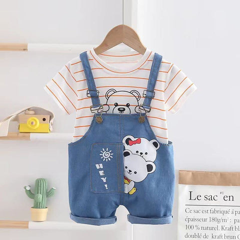 Kids Cute Bear Cartoon Print Half Sleeve T-Shirt with Dungaree Bibshorts for Baby Boy & Girl