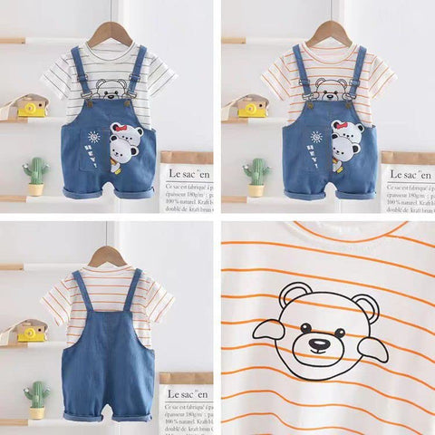 Kids Cute Bear Cartoon Print Half Sleeve T-Shirt with Dungaree Bibshorts for Baby Boy & Girl