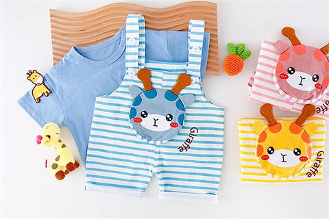 Kid's Giraffe Cartoon Print T-Shirt with Dungaree Bibshorts for Infant Toddler Baby Boy Girl