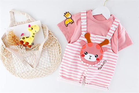 Kid's Giraffe Cartoon Print T-Shirt with Dungaree Bibshorts for Infant Toddler Baby Boy Girl