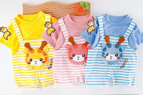 Kid's Giraffe Cartoon Print T-Shirt with Dungaree Bibshorts for Infant Toddler Baby Boy Girl