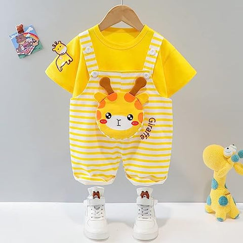 Kid's Giraffe Cartoon Print T-Shirt with Dungaree Bibshorts for Infant Toddler Baby Boy Girl