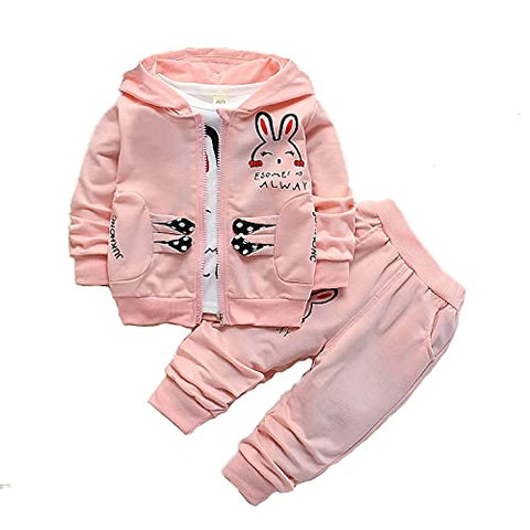 Cute Bunny Cartoon Print T-Shirt with Zipper Hoodie Jacket & Pants 3 Piece Winter Clothing Set for Infant Toddler Kids
