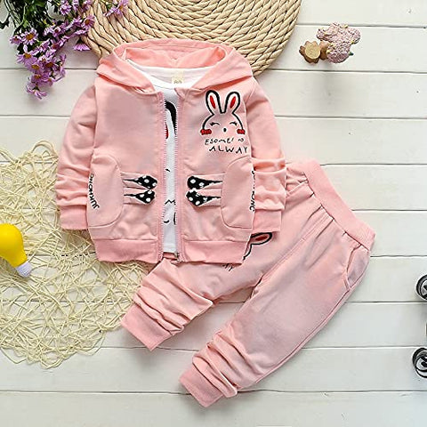 Cute Bunny Cartoon Print T-Shirt with Zipper Hoodie Jacket & Pants 3 Piece Winter Clothing Set for Infant Toddler Kids