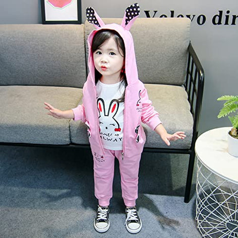 Cute Bunny Cartoon Print T-Shirt with Zipper Hoodie Jacket & Pants 3 Piece Winter Clothing Set for Infant Toddler Kids