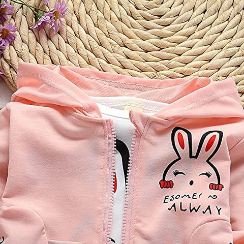 Cute Bunny Cartoon Print T-Shirt with Zipper Hoodie Jacket & Pants 3 Piece Winter Clothing Set for Infant Toddler Kids