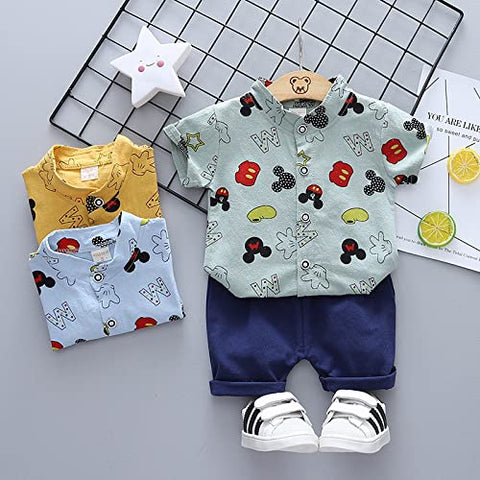 Cartoon Print Kid's Polyester Half Sleeve Shirt & Shorts for Infant Toddler Baby Boys