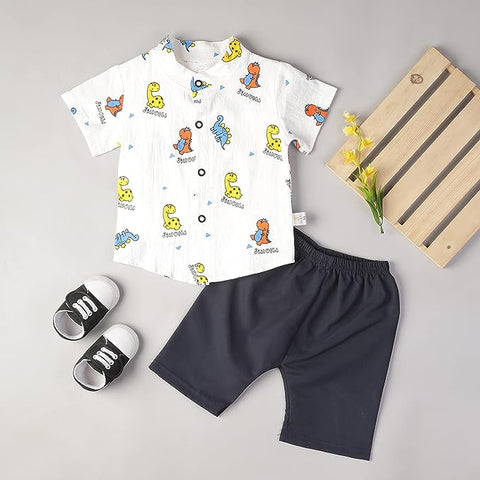 Cartoon Print Kid's Polyester Half Sleeve Shirt & Shorts for Infant Toddler Baby Boys