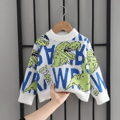 Furious Dinosaur Design Kids Full Sleeve Knitted Wool Sweater Pullover