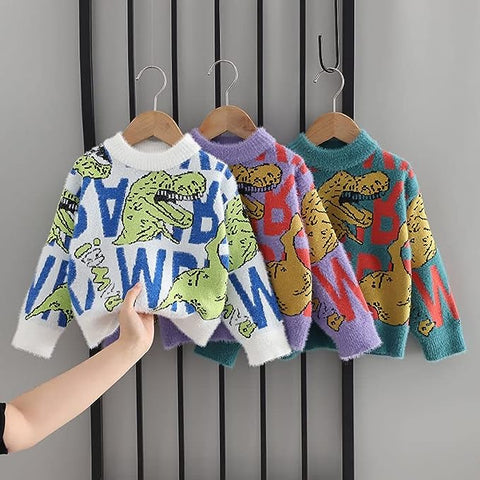 Furious Dinosaur Design Kids Full Sleeve Knitted Wool Sweater Pullover