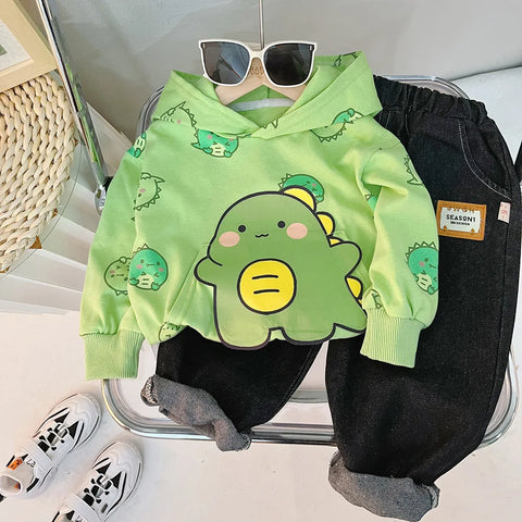 Cartoon Print Hoodie Sweatshirt and Denim Jeans Party Dress for Kids