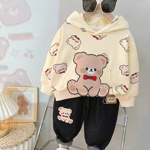 Cartoon Print Hoodie Sweatshirt and Denim Jeans Party Dress for Kids