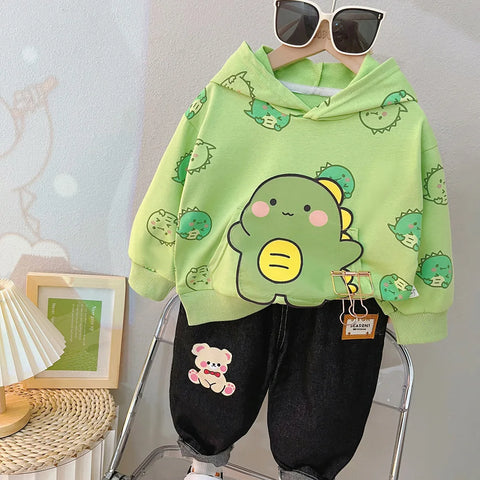 Cartoon Print Hoodie Sweatshirt and Denim Jeans Party Dress for Kids