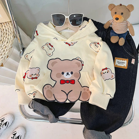 Cartoon Print Hoodie Sweatshirt and Denim Jeans Party Dress for Kids
