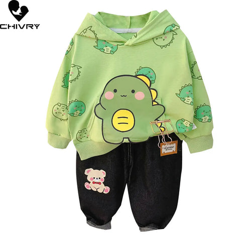 Cartoon Print Hoodie Sweatshirt and Denim Jeans Party Dress for Kids
