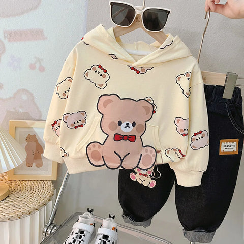 Cartoon Print Hoodie Sweatshirt and Denim Jeans Party Dress for Kids