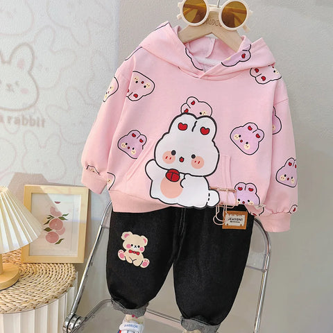 Cartoon Print Hoodie Sweatshirt and Denim Jeans Party Dress for Kids