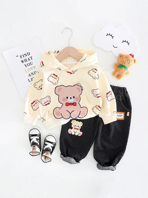 Cartoon Print Hoodie Sweatshirt and Denim Jeans Party Dress for Kids
