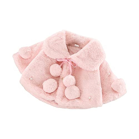 Baby Girl Winter Warm Fur Pompom and Pearls Embellished Poncho Jacket Coat