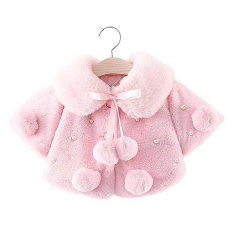Baby Girl Winter Warm Fur Pompom and Pearls Embellished Poncho Jacket Coat