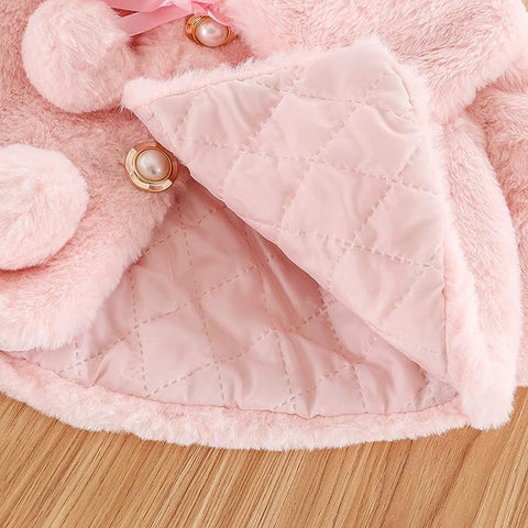 Baby Girl Winter Warm Fur Pompom and Pearls Embellished Poncho Jacket Coat