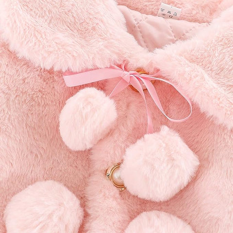 Baby Girl Winter Warm Fur Pompom and Pearls Embellished Poncho Jacket Coat