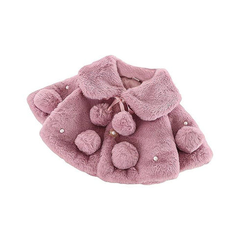 Baby Girl Winter Warm Fur Pompom and Pearls Embellished Poncho Jacket Coat