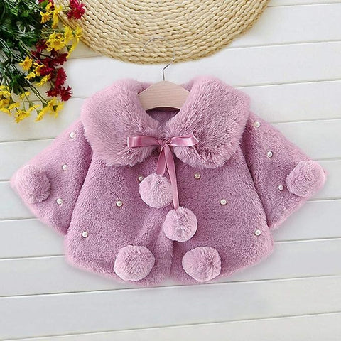 Baby Girl Winter Warm Fur Pompom and Pearls Embellished Poncho Jacket Coat