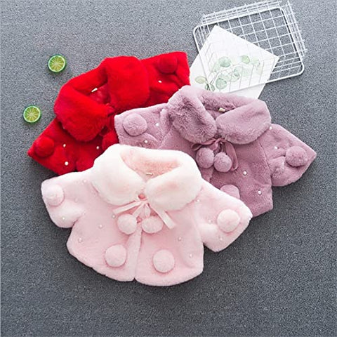 Baby Girl Winter Warm Fur Pompom and Pearls Embellished Poncho Jacket Coat