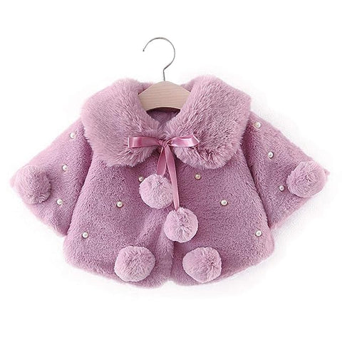 Baby Girl Winter Warm Fur Pompom and Pearls Embellished Poncho Jacket Coat