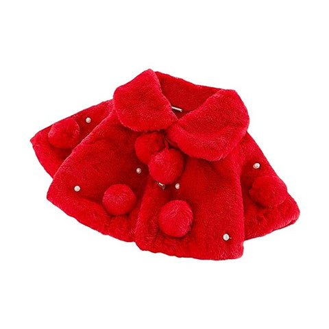 Baby Girl Winter Warm Fur Pompom and Pearls Embellished Poncho Jacket Coat