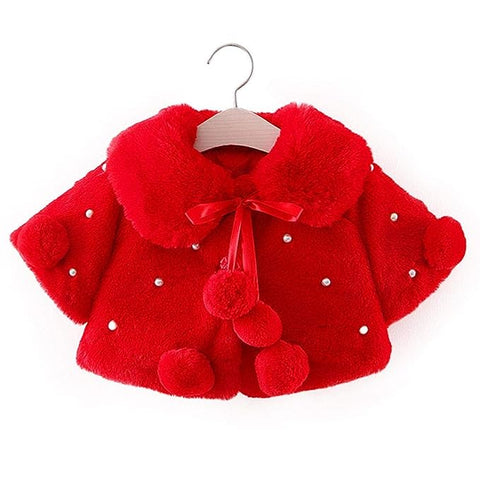 Baby Girl Winter Warm Fur Pompom and Pearls Embellished Poncho Jacket Coat