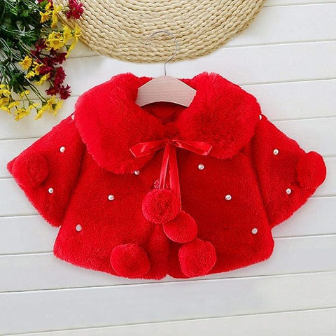 Baby Girl Winter Warm Fur Pompom and Pearls Embellished Poncho Jacket Coat