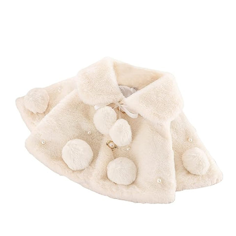 Baby Girl Winter Warm Fur Pompom and Pearls Embellished Poncho Jacket Coat