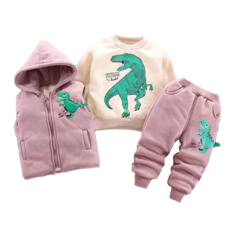 Cartoon Dinosaur Fur Fleece 3 Pc Warm Winter Sweatshirt Jacket & Jogger Pant Clothing Set for Girls & Boys Kids
