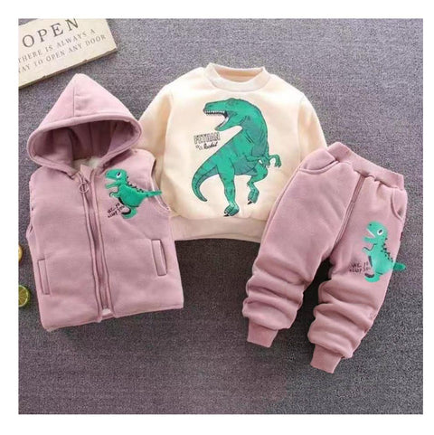 Cartoon Dinosaur Fur Fleece 3 Pc Warm Winter Sweatshirt Jacket & Jogger Pant Clothing Set for Girls & Boys Kids