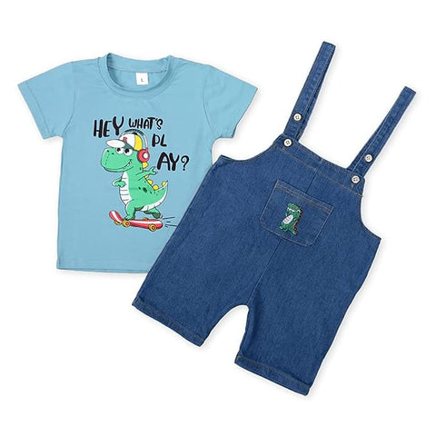 Kid's Half Sleeve Dinosaur Cartoon Print T-Shirt with Denim Dungaree Bibshorts